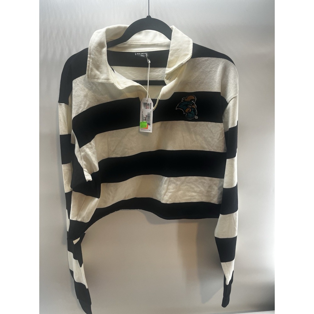 Women's Blk & Cream striped cropped collared pullover rugbystyle Chanticleers XL